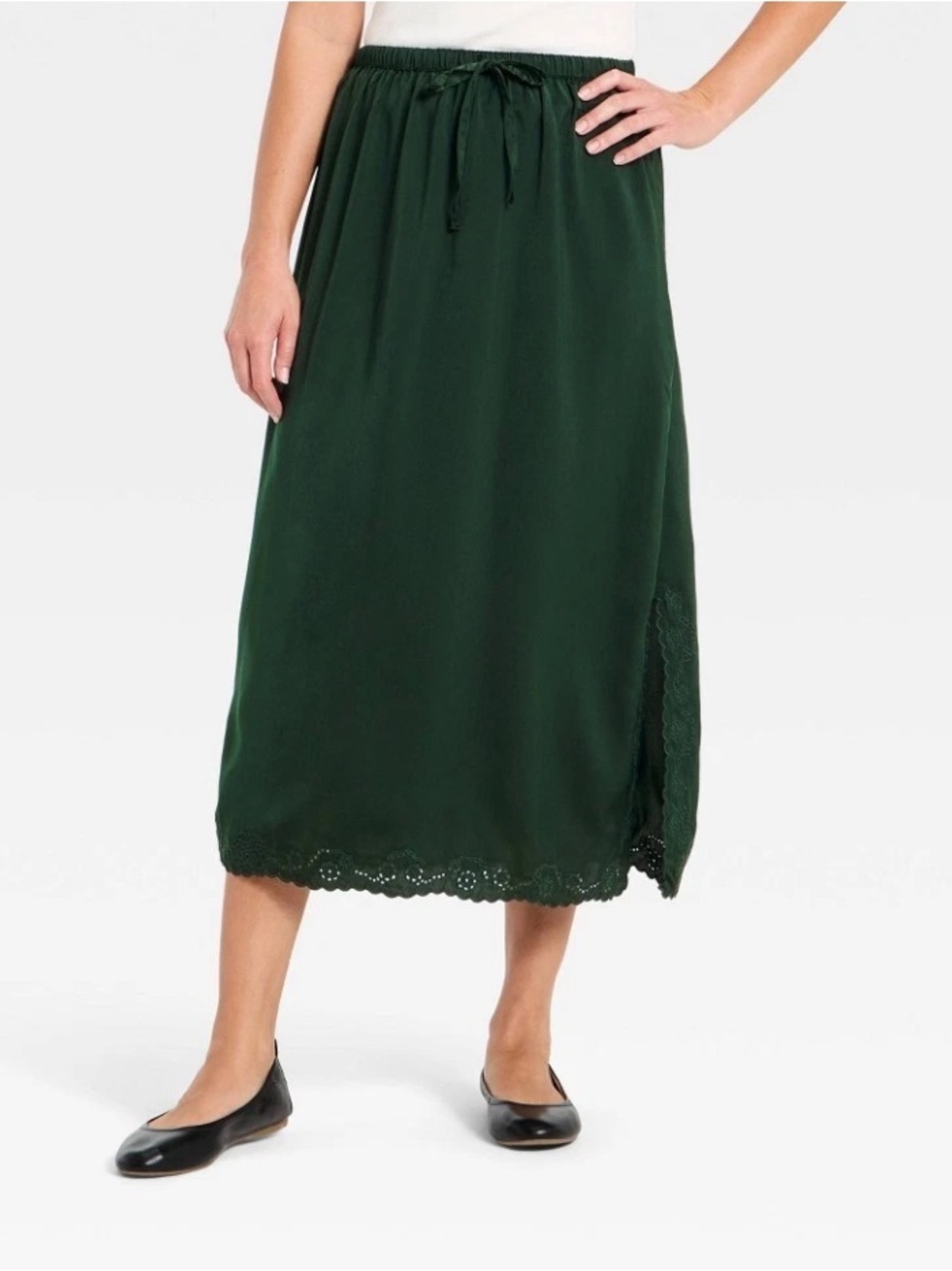 Universal Thread Dark Green A-Line Drawstring Midi Cutwork‎ Slip Skirt XS